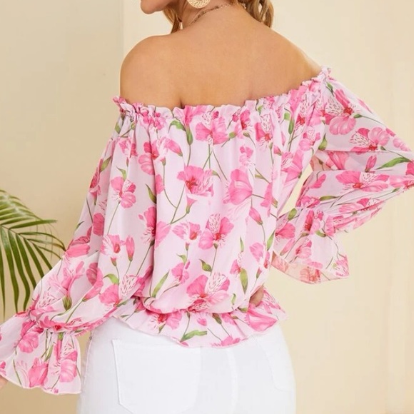Boho pink floral print ruffle off shoulder blouse - Picture 4 of 8